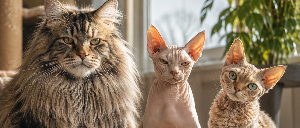 Maine coon o długiej sierści, nagi sfinks i kręcony devon rex siedzące obok siebie — trzy skrajne warianty tej samej okrywy włosowej