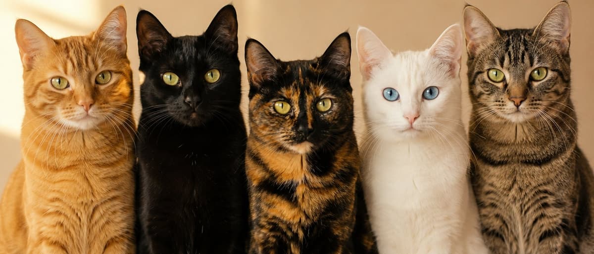 Five cats of different coat colors — orange tabby, black, tortoiseshell, white with odd eyes and brown tabby — sitting in a row looking at the camera