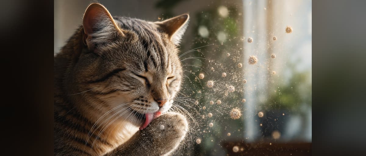 A tabby cat grooming its paw by a window; airborne particles are visible in the shaft of light