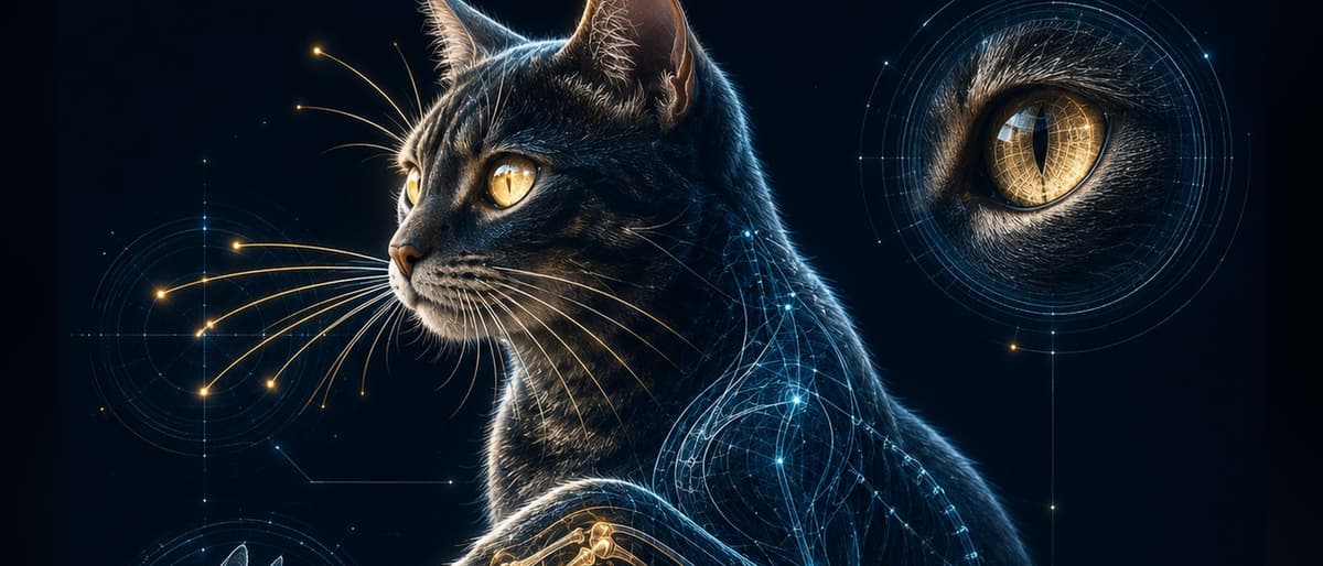 A cat in darkness with whiskers, eye and paw bone structure highlighted — a diagram resembling a technical drawing