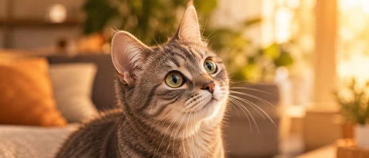 A tabby cat with its head raised, gazing upward in warm afternoon light