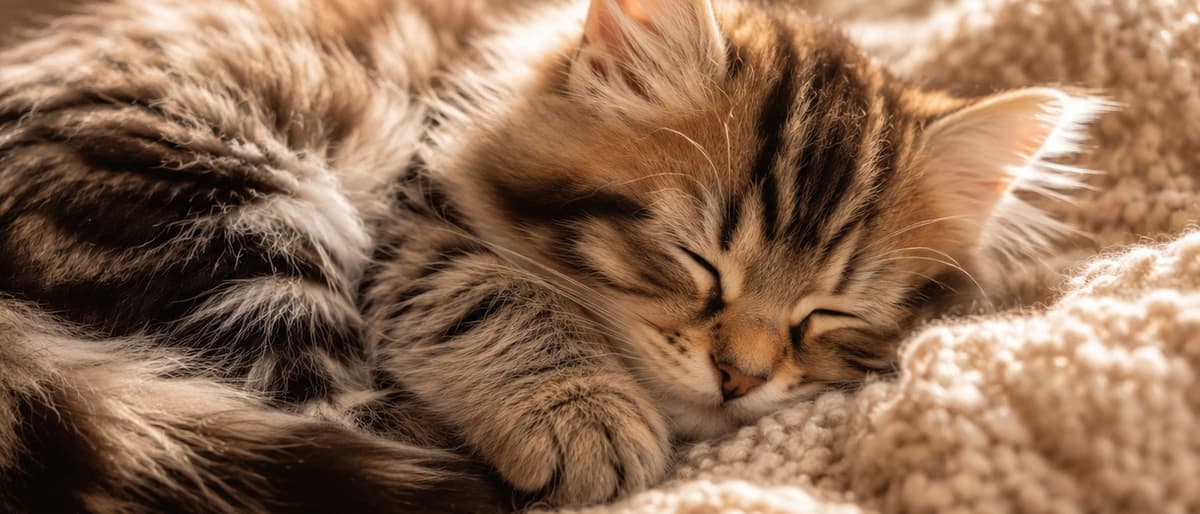 Tabby kitten asleep curled up on a cream knitted blanket in warm light