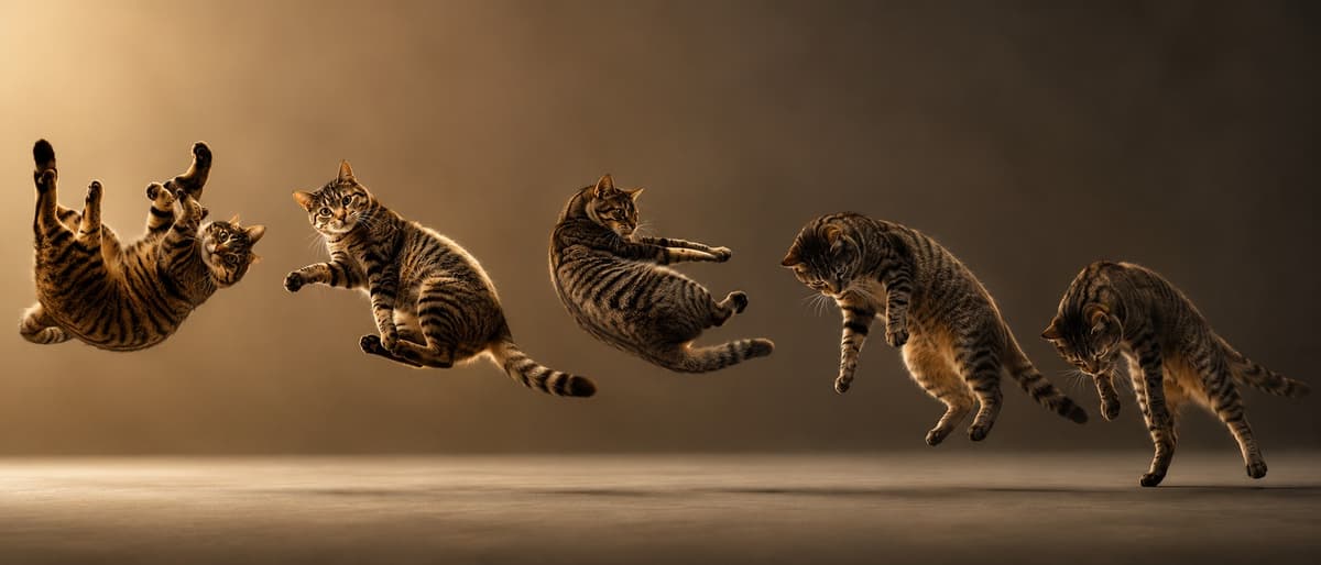 A frame sequence inspired by Étienne-Jules Marey's 1894 chronophotography — a falling cat mid-rotation demonstrating the righting reflex