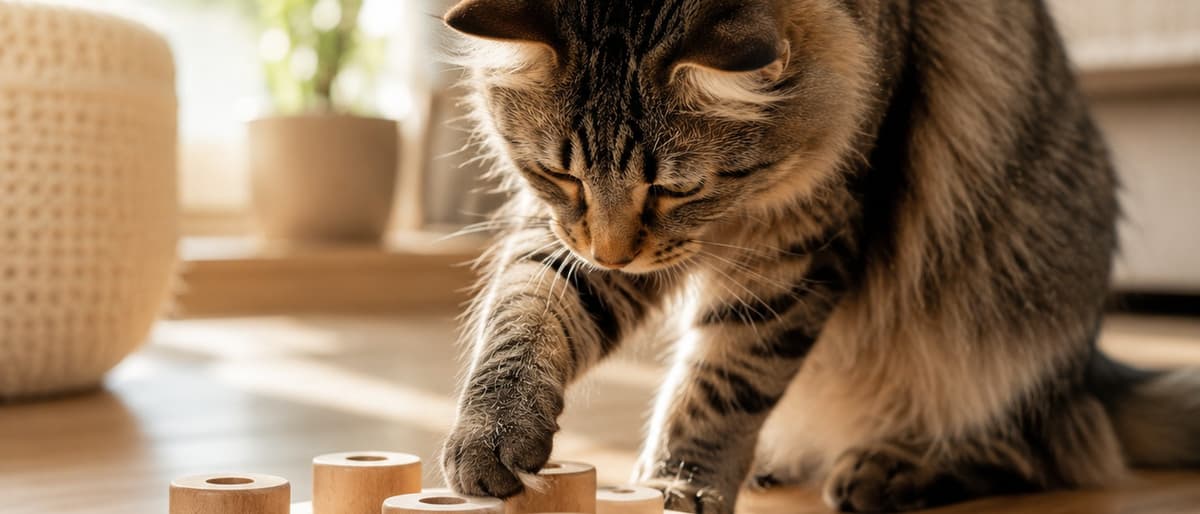 A tabby cat scooping a treat out of a wooden food puzzle on the floor