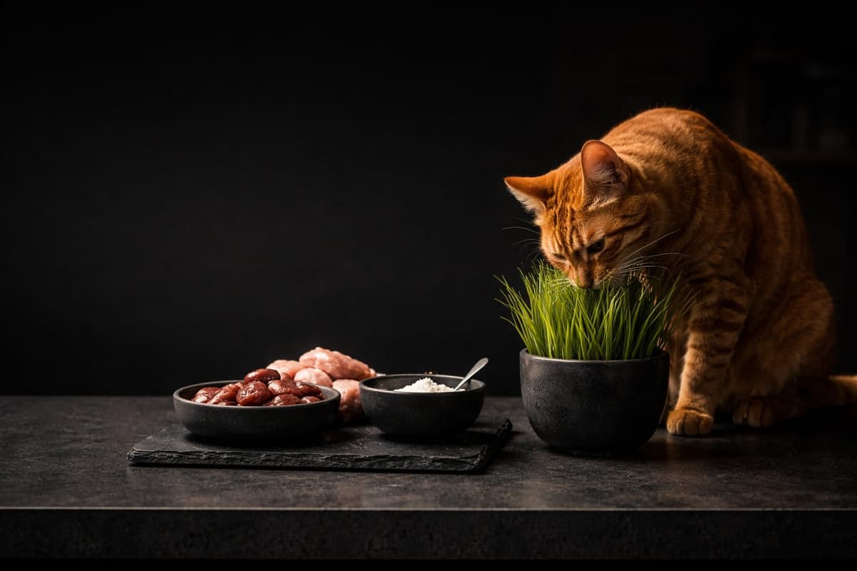 A cat nibbling a blade of grass from a pot — a natural predator instinct, not a symptom of illness