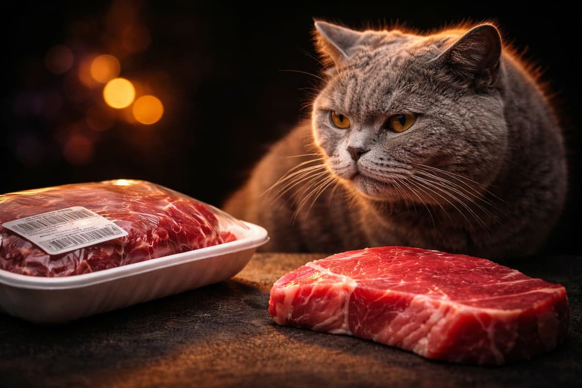 A cat sniffing a piece of meat in a bowl, against a backdrop of supermarket trays of MAP-packaged meat
