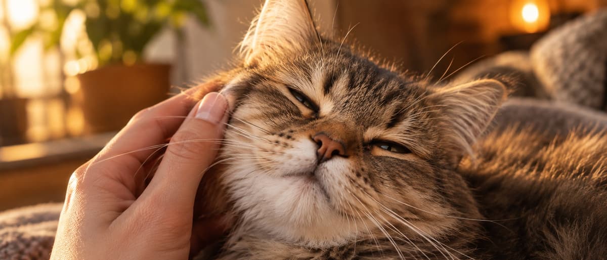 A hand stroking a cat along the cheek, in the temporal region — exactly where cats accept touch best