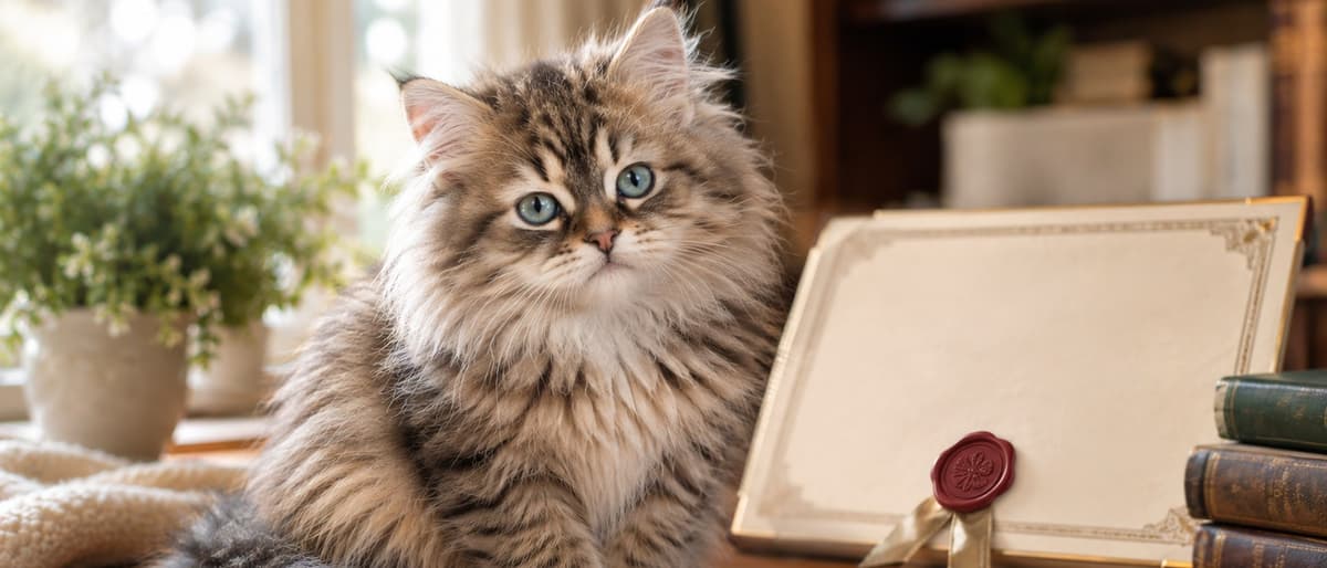 A longhaired kitten sitting on a desk beside a framed document with a wax seal