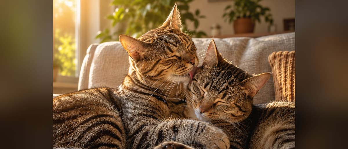 Two tabby cats lying together on a sofa in afternoon sunlight, one grooming the other