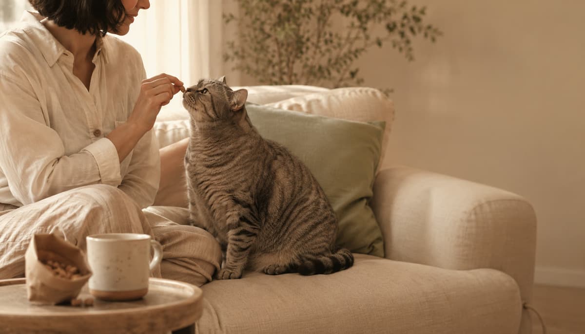 An obese cat lying on a couch with a bowl of treats beside its owner — the perception gap and normalization of feline obesity