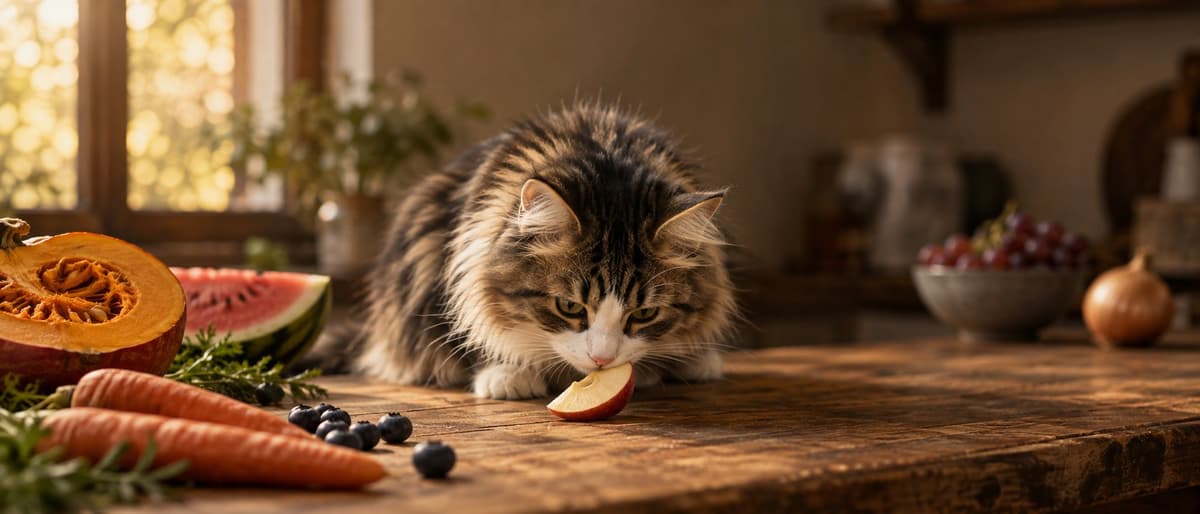 A cat on a wooden kitchen counter sniffing a slice of apple, with pumpkin, carrots, watermelon and blueberries nearby and a bowl of grapes and an onion in the background