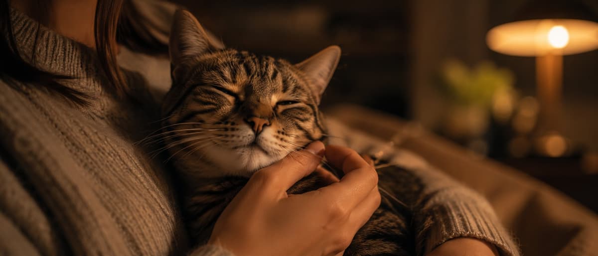 A tabby domestic cat purring with closed eyes, nestled against its owner — the behavioural effect of an androgen receptor gene variant that arose during domestication